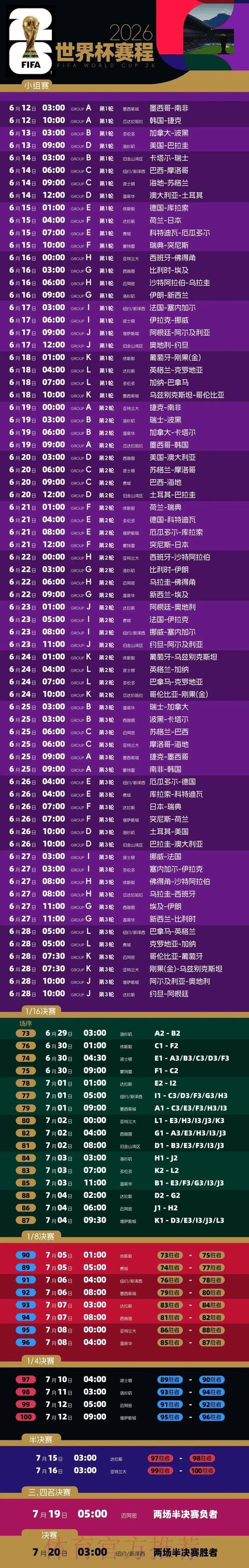 2026世界杯每日赛程完整版最新时间表免费观看