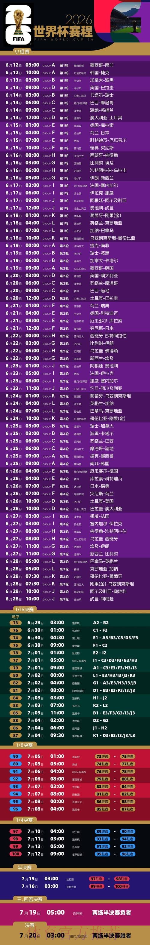 2026世界杯每日赛程最新实时赛程免费观看